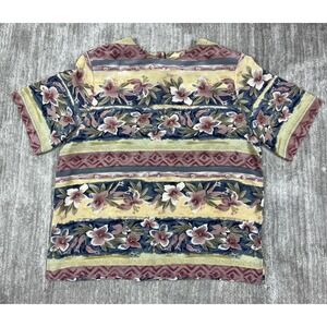 Quo-Silk Blouse Womens L Multicolor Floral Striped 100% Silk Short Sleeve Top